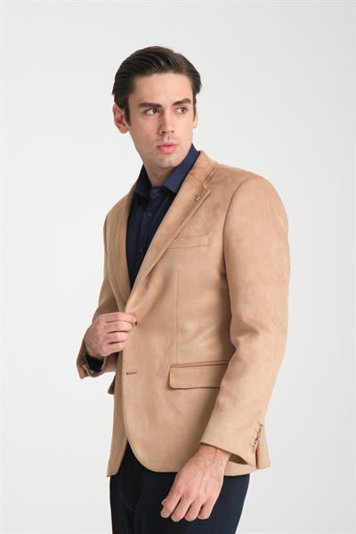 Bernando Erkek Bej Süet Yaz-Kış 4 Mevsim Slim Fit Spor Blazer Ceket
