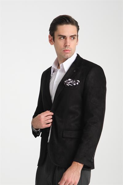 Bernando Erkek Siyah Süet Yaz-Kış 4 Mevsim Slim Fit Spor Blazer Ceket