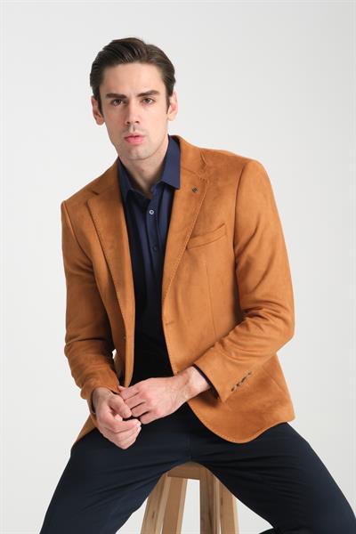 Bernando Erkek Turuncu Süet Yaz-Kış 4 Mevsim Slim Fit Spor Blazer Ceket