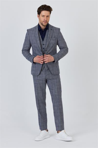 Biglia Erkek Koyu Lacivert-Gri Ceket+Pantolon+Yelek Çift Yırtmaçlı Slim Fit Takim Elbise