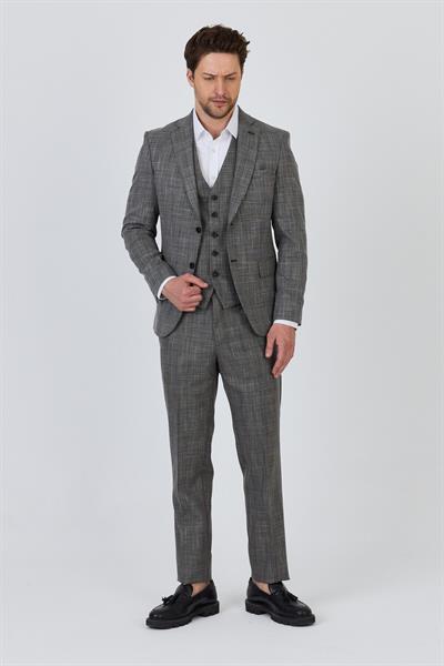 Biglia Erkek Siyah-Gri Ceket+Pantolon+Yelek Çift Yırtmaçlı Slim Fit Takim Elbise