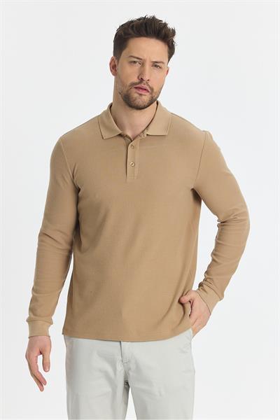 Blum Erkek Bej Slim Fit Waffle Desen %100 Pamuk Likralı Kıvrılmaz Yaka Uzun Kol Polo Yaka Sweatshirt