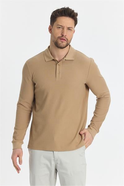 Blum Erkek Bej Slim Fit Waffle Desen %100 Pamuk Likralı Kıvrılmaz Yaka Uzun Kol Polo Yaka Sweatshirt