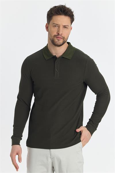 Blum Erkek Haki SlimFit Waffle Desen %100 Pamuk Likralı Kıvrılmaz Yaka Uzun Kol Polo Yaka Sweatshirt
