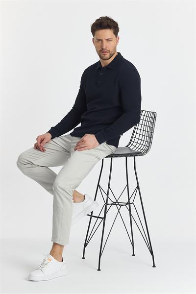 Blum Erkek Lacı Slim Fit Waffle Desen %100 Pamuk Likralı Kıvrılmaz Yaka Uzun Kol PoloYaka Sweatshirt