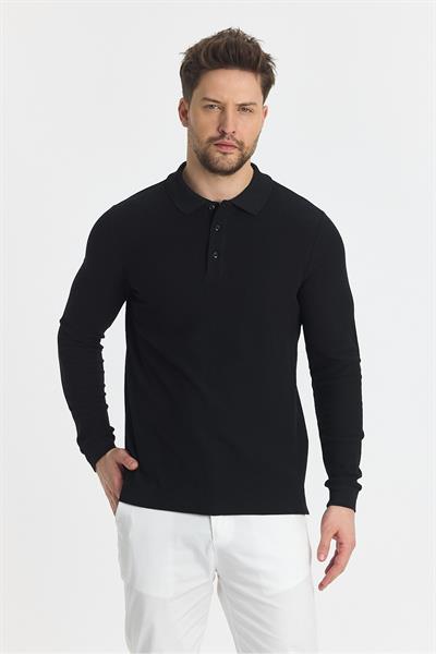 Blum Erkek Siyah SlimFit Waffle Desen %100 Pamuk Likralı Kıvrılmaz Yaka Uzun Kol PoloYaka Sweatshirt