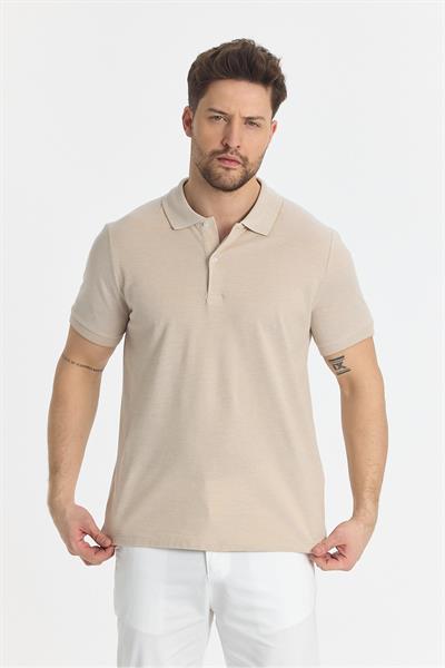 Boggee Pedso Erkek Bej İtalyan Yaka Çekmez Likralı %100 Pamuklu Kumaş Slim Fit Polo Yaka Tişört