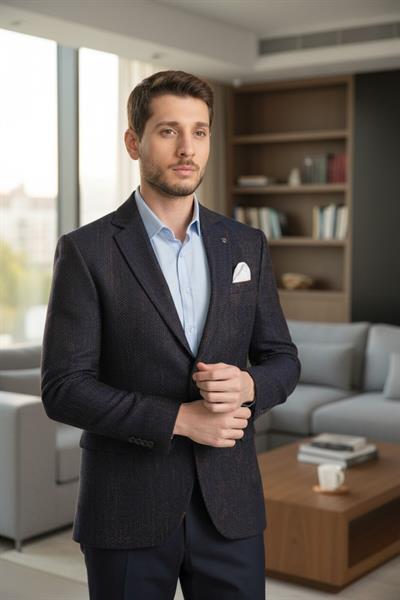 Boris Erkek Lacivert-Kahve Desenli Mono Yaka Kalin Slim Fit Dar Kesim Blazer Ceket