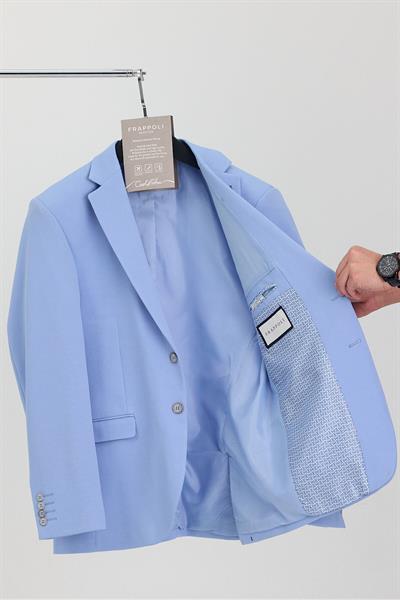 Bortolo Erkek Açık Mavi Esneyen Likralı Mono Yaka Slim Fit Spor Blazer Ceket (Büyük Beden - Battal)