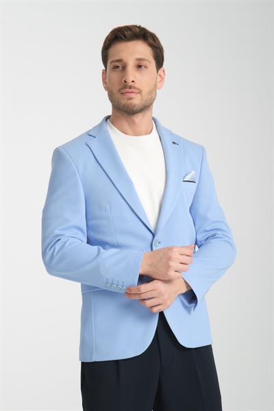 Bortolo Erkek Buz Mavi Örme Esneyen Likralı Mono Yaka Slim Fit Spor Blazer Ceket