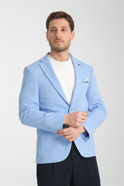 Bortolo Erkek Buz Mavi Örme Esneyen Likralı Mono Yaka Slim Fit Spor Blazer Ceket
