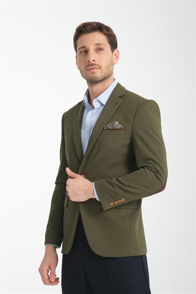 Bortolo Erkek Haki Örme Esneyen Likralı Mono Yaka Slim Fit Spor Blazer Ceket