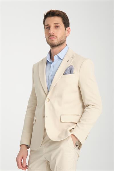 Brando Erkek Bej Kendinden Desenli Slim Fit Pamuklu Likralı Esneyen Kumaşlı Blazer Ceket