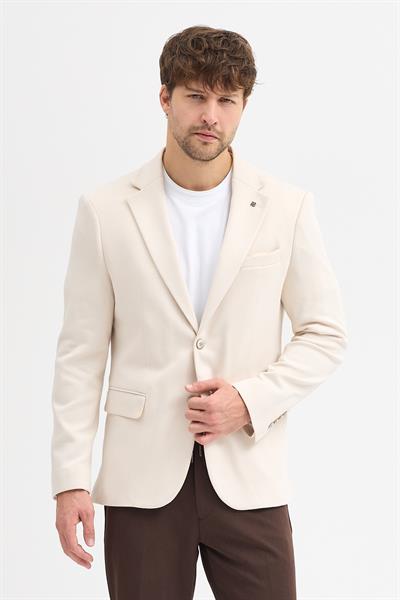 Brando Erkek Ekru Kendinden Desenli Slim Fit Pamuklu Likralı Esneyen Kumaşlı Blazer Ceket