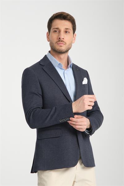 Brando Erkek Lacivert Kendinden Desenli Slim Fit Pamuklu Likralı Esneyen Kumaşlı Blazer Ceket