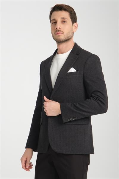 Brando Erkek Siyah Kendinden Desenli Slim Fit Pamuklu Likralı Esneyen Kumaşlı Blazer Ceket