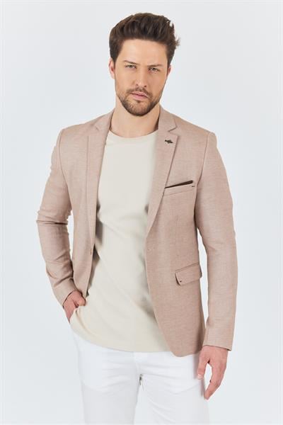 Bruno Erkek Camel Keten Karışımlı Slim Fit Dar Kesim İlkbahar-Yazlık Spor Blazer Ceket