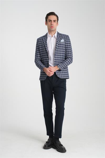Cabrio Erkek Lacivert-Gri Ekose Desenli Slim Fit Mono Yaka Blazer Ceket
