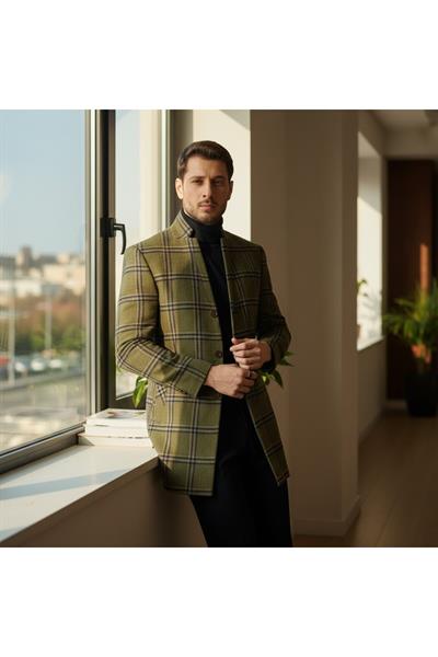 Callisto Erkek Haki-Lacivert Ekose Desenli Regular Fit Dik Yaka Kalın Kaşe Kaban