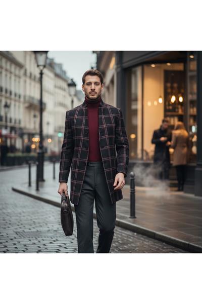Callisto Erkek Siyah-Bordo Ekose Desenli Regular Fit Dik Yaka Kalın Kaşe Kaban