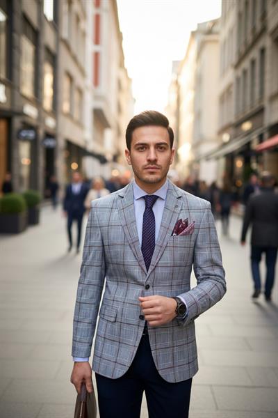 Carrido Erkek Gri-Bordo Ekose Desenli Poliviskon Kumaşlı Slim Fit Mono Yaka Spor Blazer Ceket