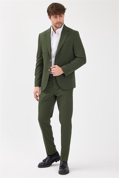 Caserta Erkek Haki Poliviskon Kumaşlı Mono Yaka Torba Cepli Yarım Astar Slim Fit 2li Takım Elbise