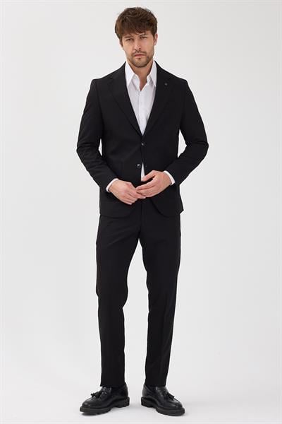 Caserta Erkek Siyah Poliviskon Kumaşlı Mono Yaka Torba Cepli Yarım Astar Slim Fit 2li Takım Elbise