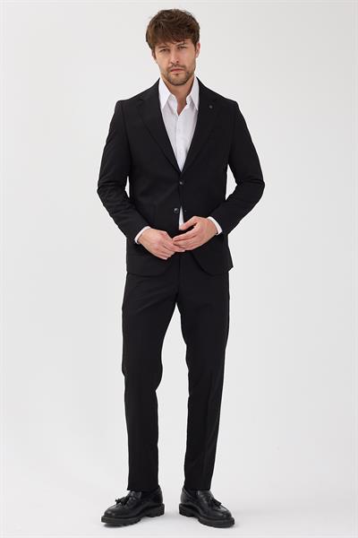 Caserta Erkek Siyah Poliviskon Kumaşlı Mono Yaka Torba Cepli Yarım Astar Slim Fit 2li Takım Elbise