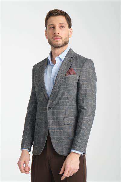 Caswino Erkek Gri Ekose Slim Fit Mono Yaka Spor Blazer Ceket