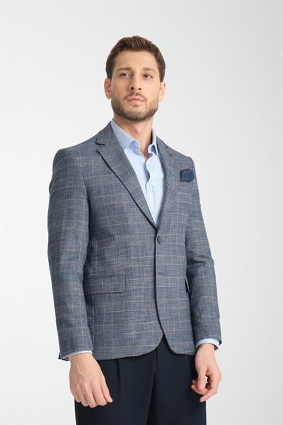 Caswino Erkek Lacivert Ekose Slim Fit Mono Yaka Spor Blazer Ceket