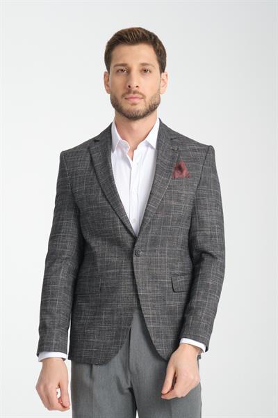 Caswino Erkek Siyah Ekose Slim Fit Mono Yaka Spor Blazer Ceket