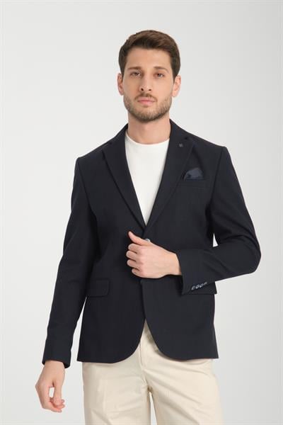 Cazino Erkek Lacivert Slim Fit Dar Kesim Desenli Yarım Astar Mevsimlik Blazer Ceket