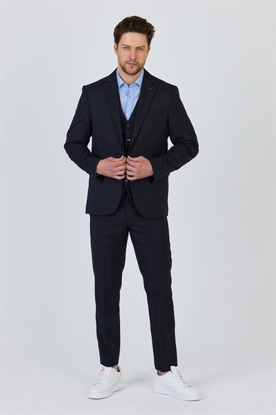 Celiato Erkek Koyu Lacivert Poliviskon Kumaşlı Ceket+Pantolon+Yelekli Slim Fit Takim Elbise