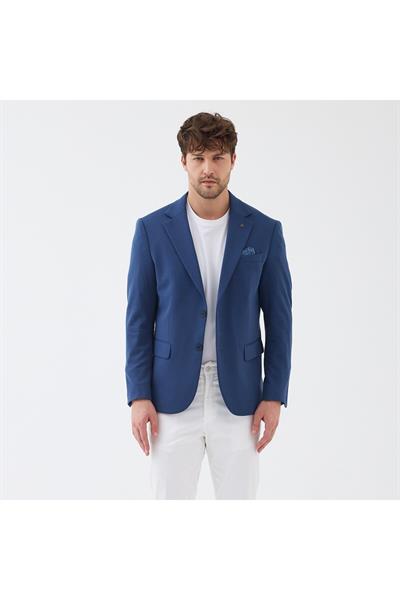 Çelik Penye Erkek Lacivert Esnek Likralı Pamuk Karışımlı Slim Fit İlkbahar-Yaz Spor Blazer Ceket