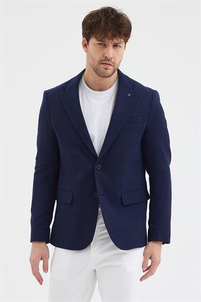 Celux Erkek İndigo Poliviskon Kumaşlı Slim Fit Kendinden Mendilli Mono Yaka Spor Blazer Ceket
