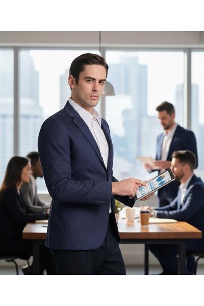 Cencio Erkek Açık Lacivert Diagonel Süet Slim Fit Mono Yaka Spor Blazer Ceket