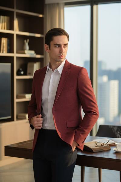 Cencio Erkek Bordo Diagonel Süet Slim Fit Mono Yaka Spor Blazer Ceket