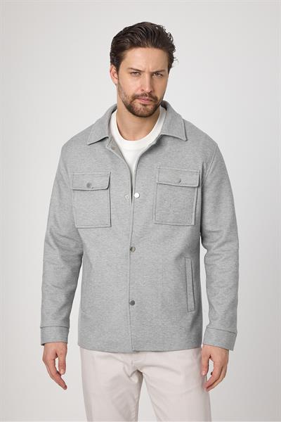 Çıtçıtlı Erkek Gri Slim Fit Baharlık Trenç Ceket Örme Esneyen Kumaş Kapak Cepli