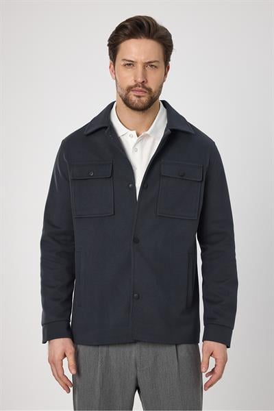 Çıtçıtlı Erkek Koyu Lacivert Slim Fit Baharlık Trenç Ceket Örme Esneyen Kumaş Kapak Cepli