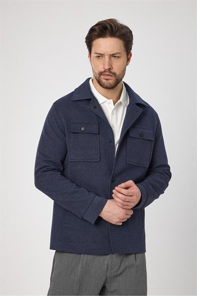 Çıtçıtlı Erkek Lacivert Slim Fit Baharlık Trenç Ceket Örme Esneyen Kumaş Kapak Cepli