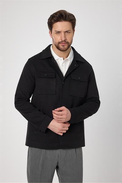 Çıtçıtlı Erkek Siyah Slim Fit Baharlık Trenç Ceket Örme Esneyen Kumaş Kapak Cepli