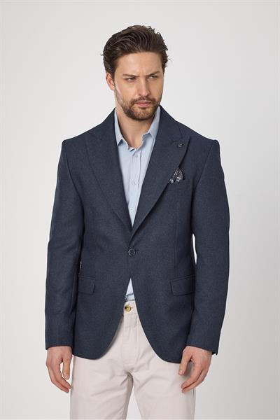 Classo Erkek Açık Lacivert Slim Fit Sivri Yaka Kendinden Desenli Blazer Ceket