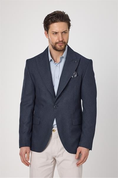 Classo Erkek Açık Lacivert Slim Fit Sivri Yaka Kendinden Desenli Blazer Ceket