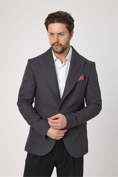 Classo Erkek Antrasit Slim Fit Sivri Yaka Kendinden Desenli Blazer Ceket
