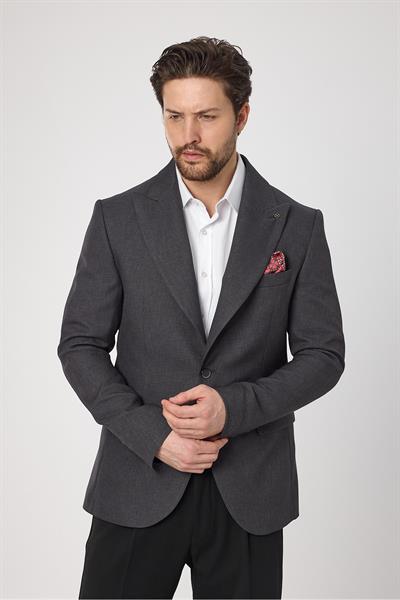 Classo Erkek Antrasit Slim Fit Sivri Yaka Kendinden Desenli Blazer Ceket