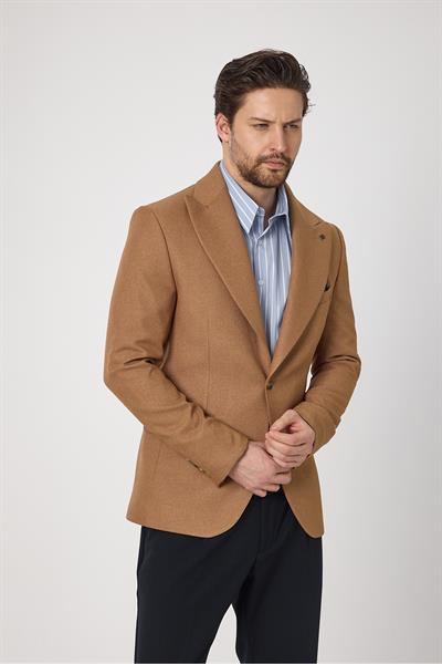 Classo Erkek Camel Slim Fit Sivri Yaka Kendinden Desenli Blazer Ceket