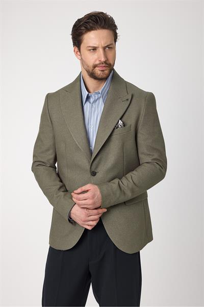Classo Erkek Haki Slim Fit Sivri Yaka Kendinden Desenli Blazer Ceket