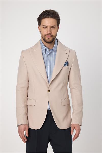 Classo Erkek Krem Slim Fit Sivri Yaka Kendinden Desenli Blazer Ceket