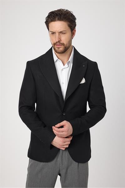 Classo Erkek Siyah Slim Fit Sivri Yaka Kendinden Desenli Blazer Ceket