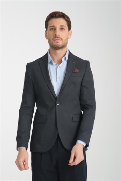 Desenli Koyu Lacivert Slim Fit Erkek Blazer Mono Yaka Spor Ceket